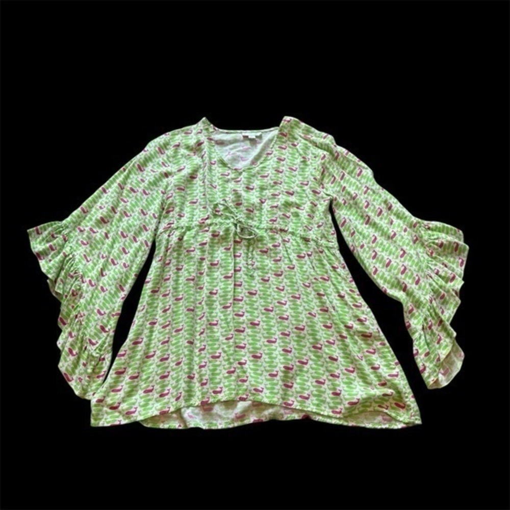 Escapada Beach Green Pink Whale Print Bell Sleeve Tie Waist Tunic Top Small - Picture 2 of 9